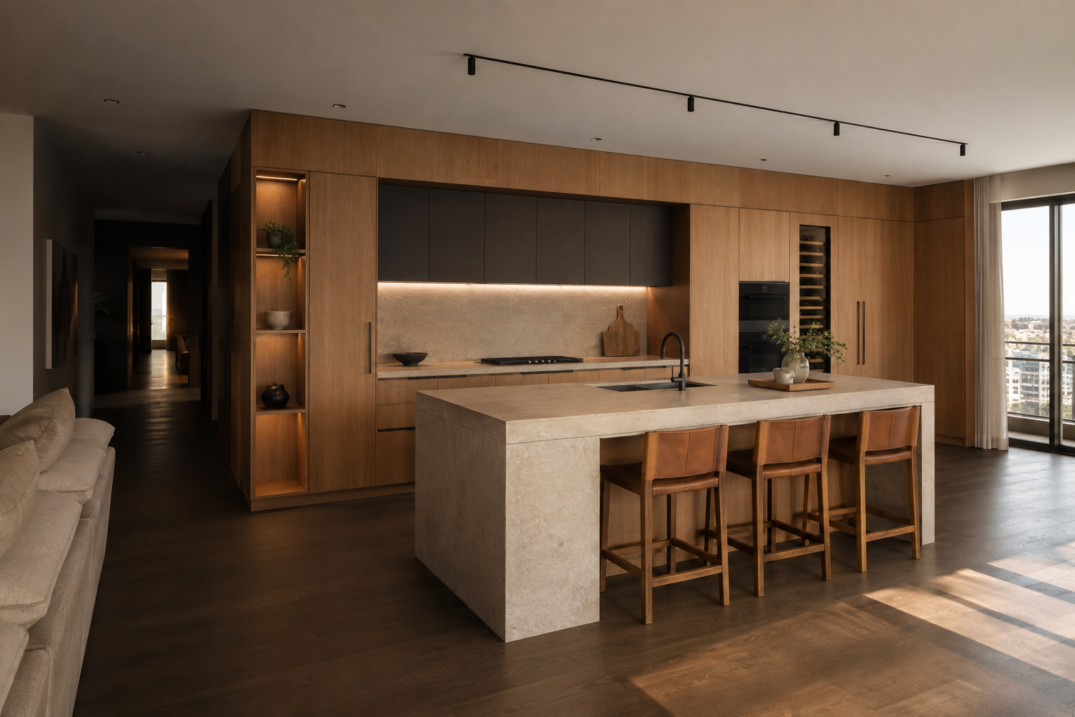 Cozinha planejada com madeira natural, pedra clara e iluminação integrada