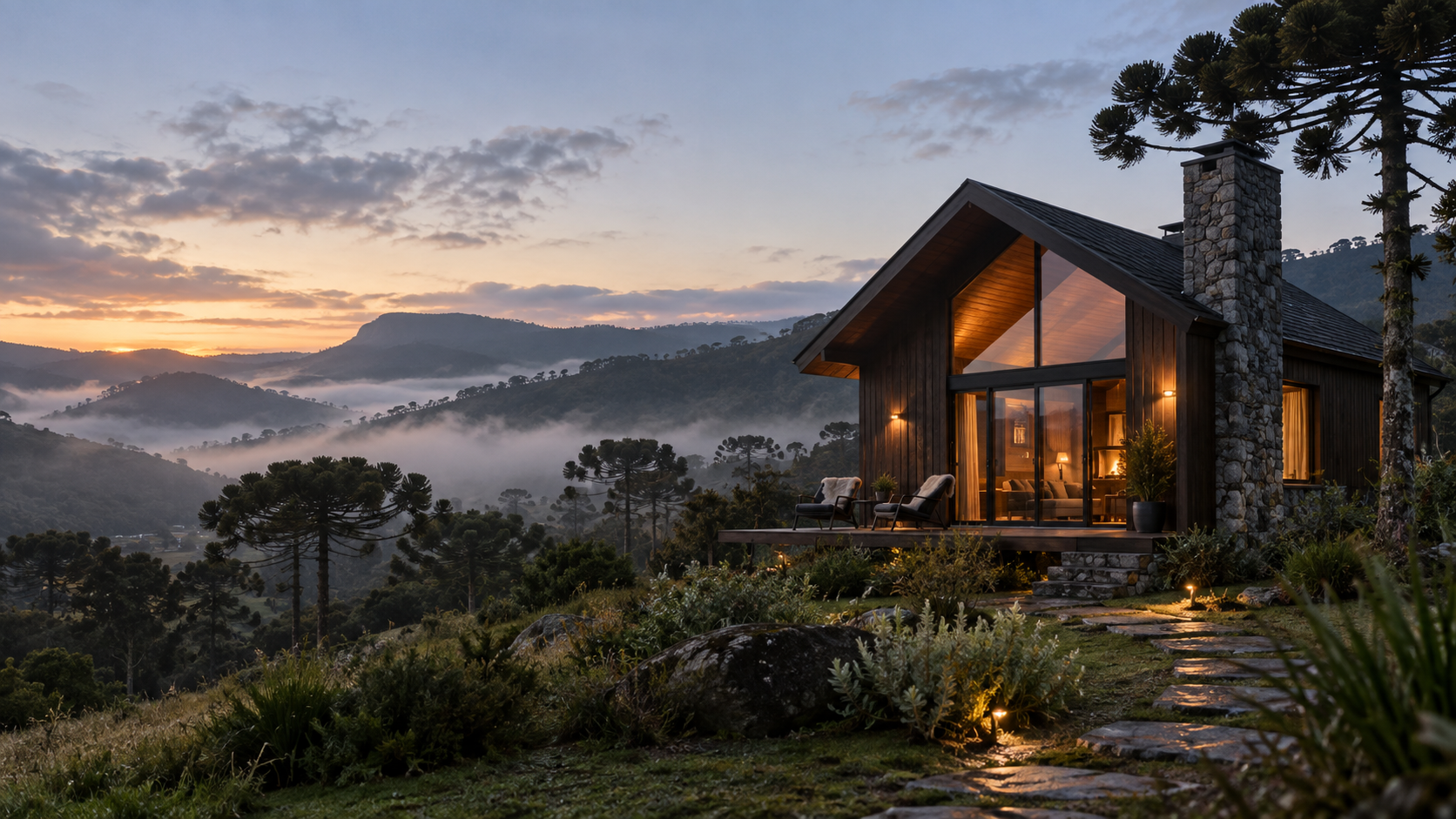 Chalé de madeira cercado por montanhas, araucárias e neblina